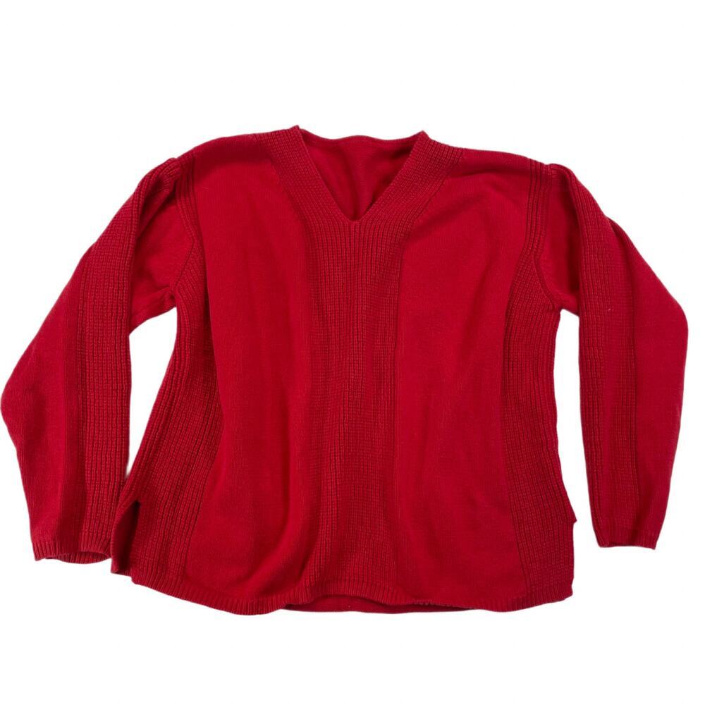 Vintage Talbots Red V-Neck Ribbed Knit Sweater Side Slits Women L Drop Shoulder